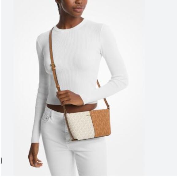 MICHAEL KORS Jet Set Small Two-Tone Logo Crossbody Bag Ivory Brown - Picture 3 of 9